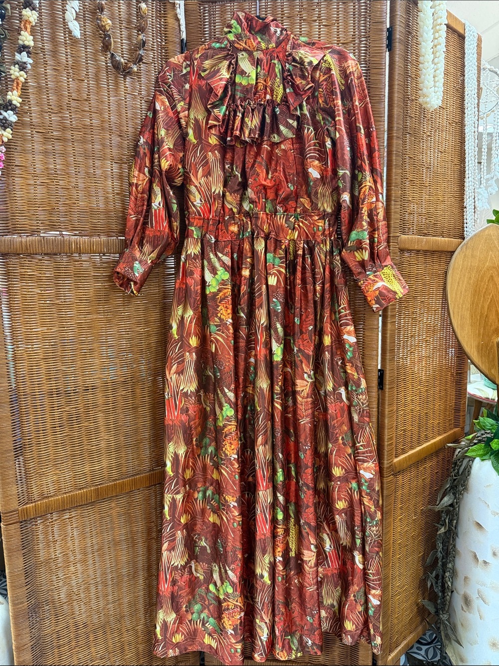 Handmade Long-Sleeve Floral Owl Yolk Mu’u Style Dress in Amazing Fabric